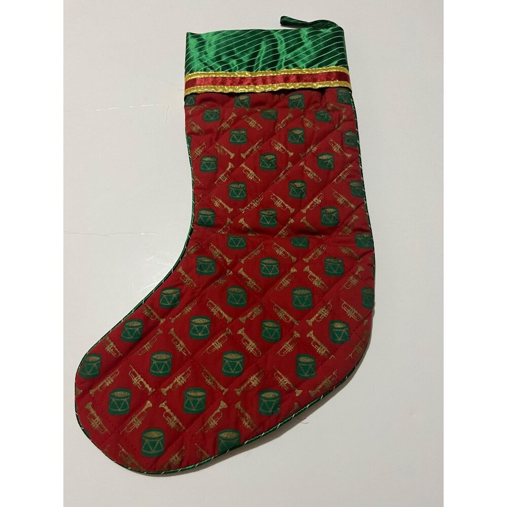 Avon Quilted Christmas Stocking With Green & Gold Drum And Trumpet Pattern 16"